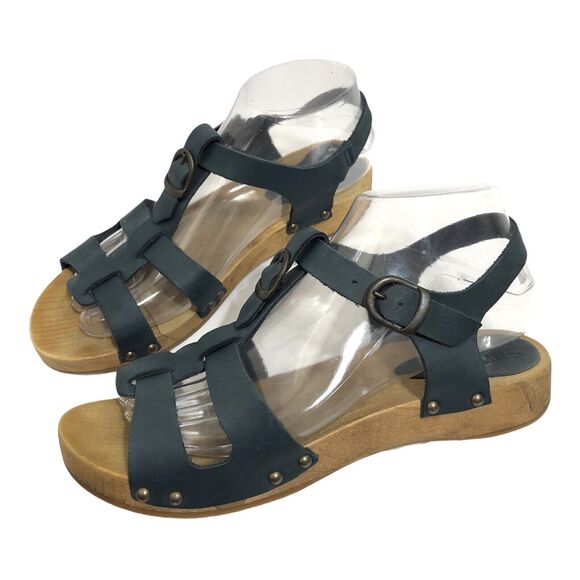 Sanita Olise Flex Blue Leather Wooden Platform Sandals Womens Size 38 US 7 - 7.5 - Picture 1 of 10